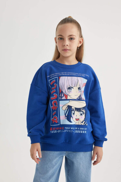 Girls' Relax Fit Crew Neck Printed Sweatshirt Dark Blue - 1