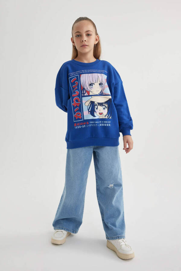 Girls' Relax Fit Crew Neck Printed Sweatshirt Dark Blue - 2