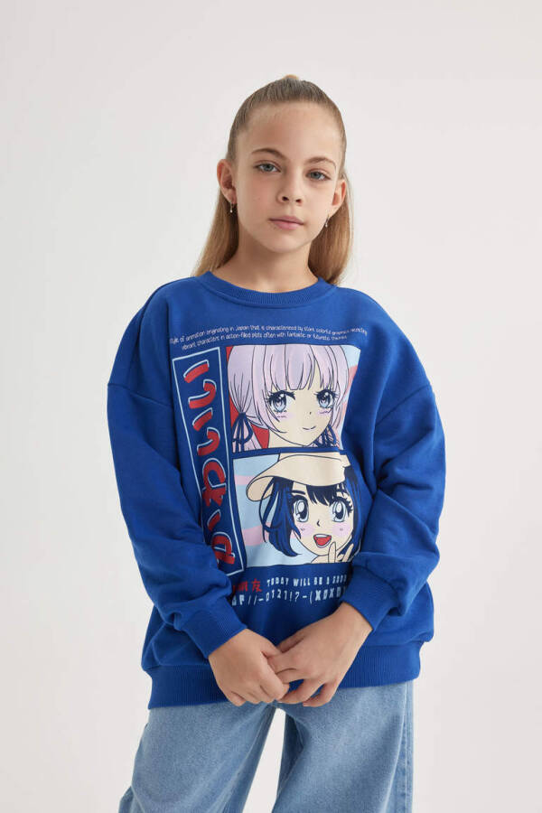 Girls' Relax Fit Crew Neck Printed Sweatshirt Dark Blue - 3