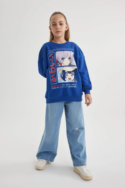 Girls' Relax Fit Crew Neck Printed Sweatshirt Dark Blue - 8