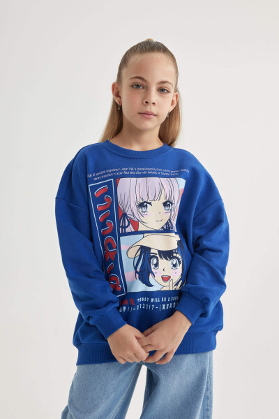 Girls' Relax Fit Crew Neck Printed Sweatshirt Dark Blue - 9