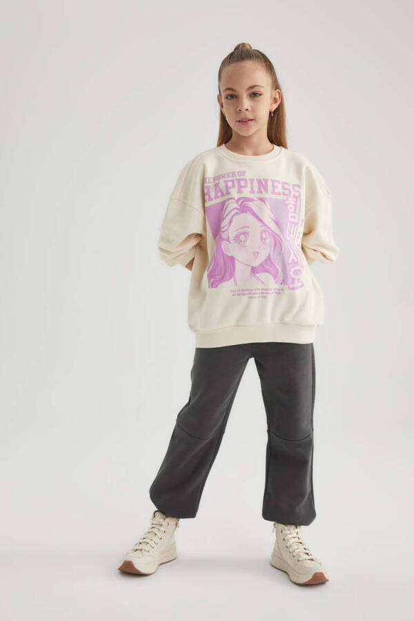 Girls' Relax Fit Crew Neck Printed Sweatshirt Ecru - 2