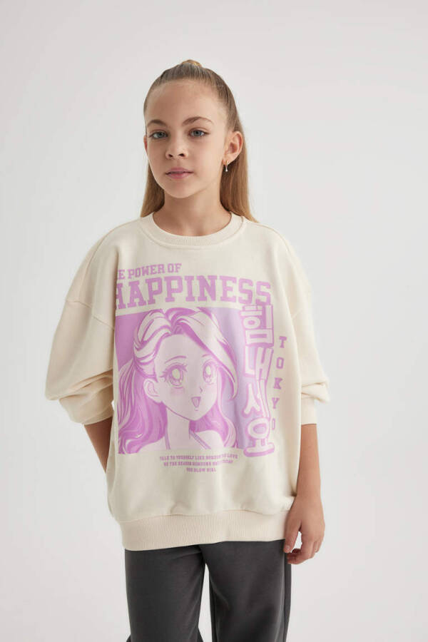 Girls' Relax Fit Crew Neck Printed Sweatshirt Ecru - 4