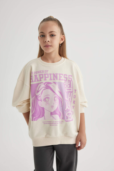 Girls' Relax Fit Crew Neck Printed Sweatshirt Ecru - 10