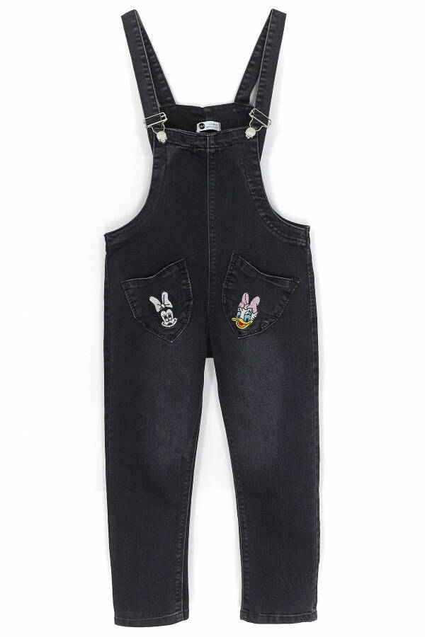 Girls' Short-Leg Denim Overalls with Pocket Details and Embroidery, 8-12 Years, Black - 1