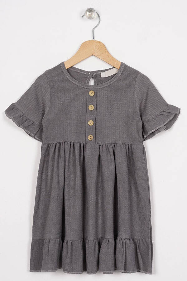 Girl's Short Sleeve Ruffled Buttoned Dress with Bicycle Collar in Grey - 1