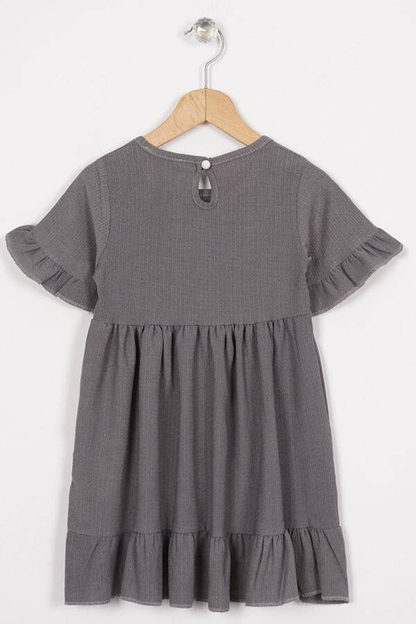 Girl's Short Sleeve Ruffled Buttoned Dress with Bicycle Collar in Grey - 2