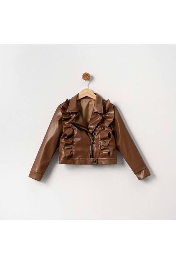 Girls' Single Leather Jacket MNK2141 BROWN - 4