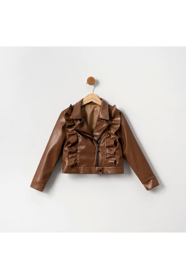 Girls' Single Leather Jacket MNK2141 BROWN - 3