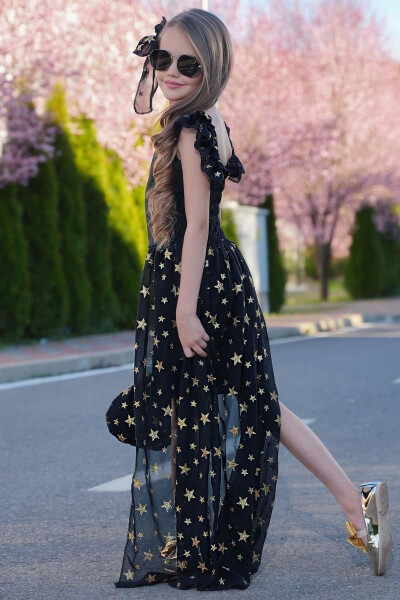 Girls Star Print Boat Neck Tulle Tail Black Shorts Jumpsuit - 2