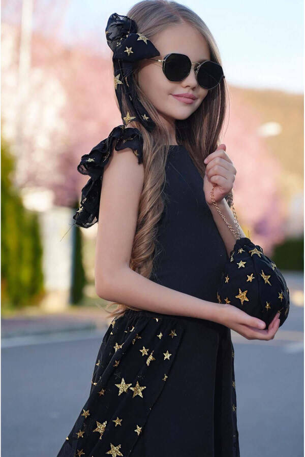 Girls Star Print Boat Neck Tulle Tail Black Shorts Jumpsuit - 4