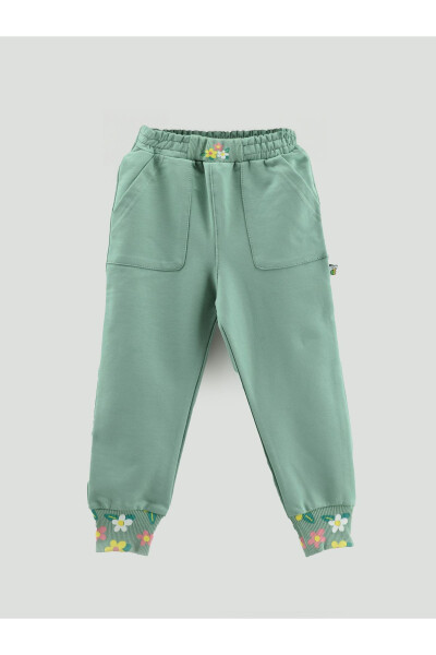 Girls' Sweatpants with Belt and Ribbed Floral Print and Pockets - 4