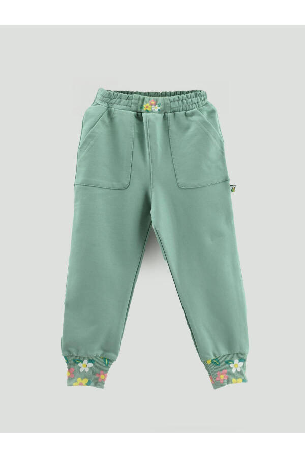 Girls' Sweatpants with Belt and Ribbed Floral Print and Pockets - 1