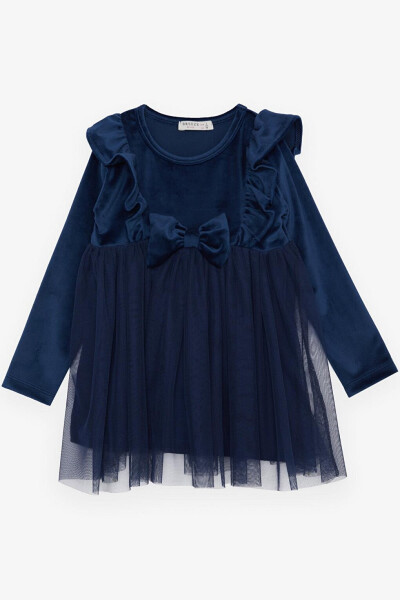 Girls Velvet Dress with Ribbon and Tulle, Navy Blue (3-8 Years) - 1