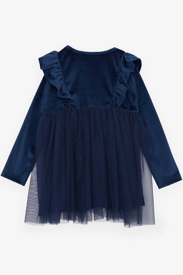 Girls Velvet Dress with Ribbon and Tulle, Navy Blue (3-8 Years) - 2