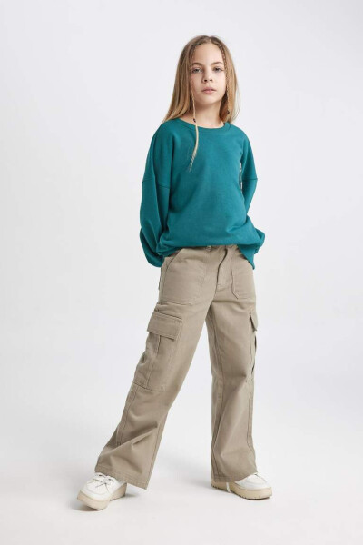 Girls Wide Leg Cargo Cotton Trousers Khaki - 11