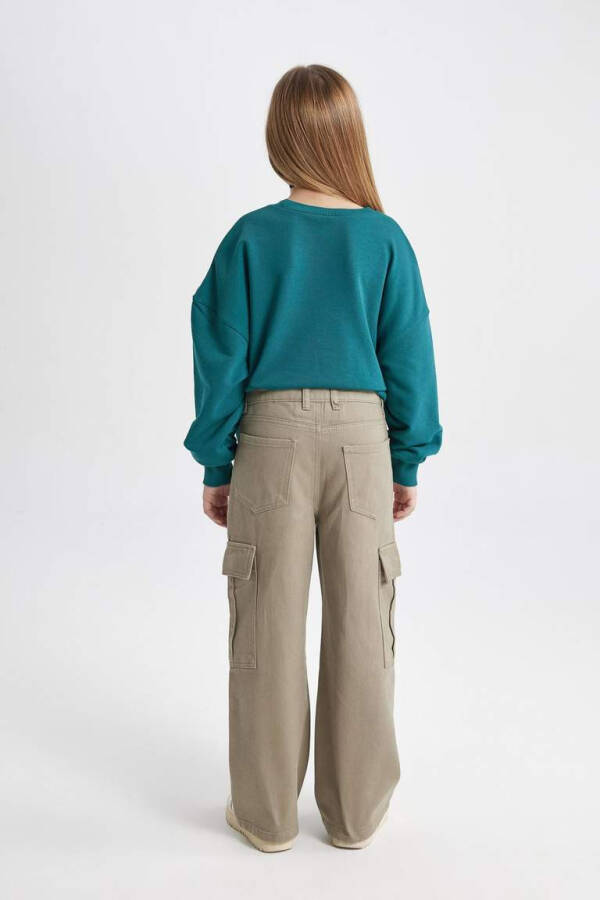 Girls Wide Leg Cargo Cotton Trousers Khaki - 15