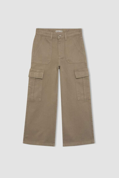 Girls Wide Leg Cargo Cotton Trousers Khaki - 16