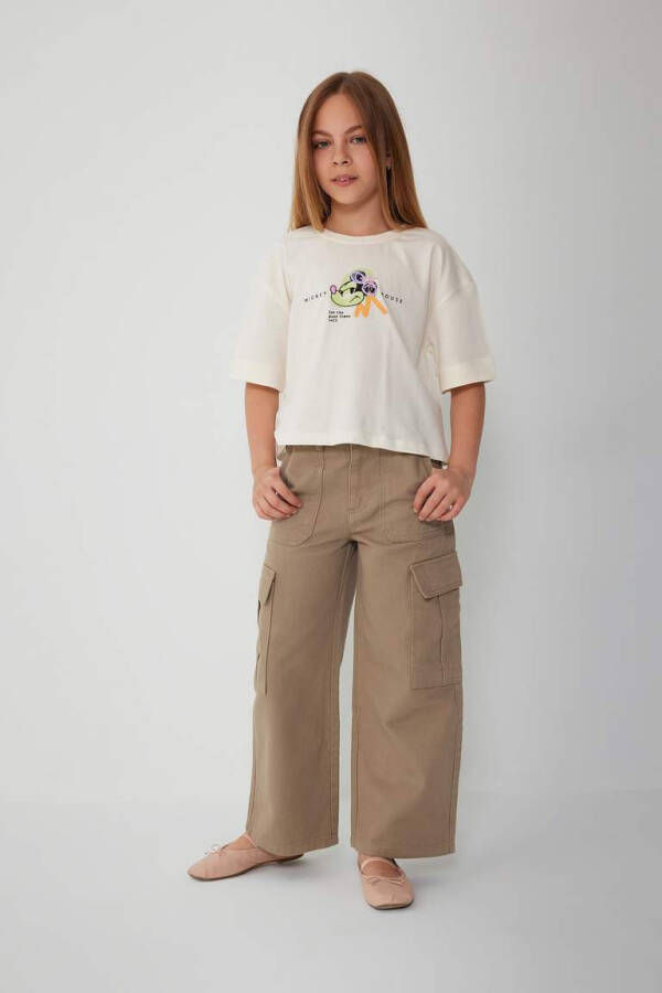 Girls Wide Leg Cargo Cotton Trousers Khaki - 1