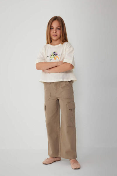 Girls Wide Leg Cargo Cotton Trousers Khaki - 2