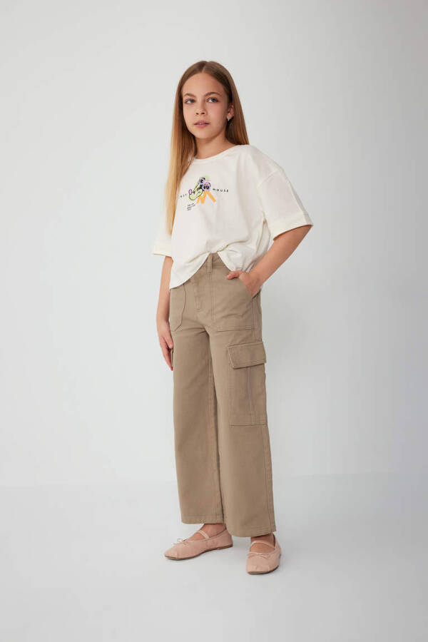 Girls Wide Leg Cargo Cotton Trousers Khaki - 3