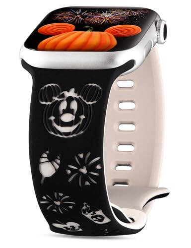 Girovo Halloween Cartoon Engraved Bands Compatible with Apple Watch Band 40/38/41/42/49/45/44/46mm Women, Two-Tone Cute Soft Silicone Stylish Sport Strap for iWatch Series 10/9/8/7/6/5/4/3/2/1/SE - 1