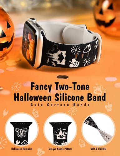 Girovo Halloween Cartoon Engraved Bands Compatible with Apple Watch Band 40/38/41/42/49/45/44/46mm Women, Two-Tone Cute Soft Silicone Stylish Sport Strap for iWatch Series 10/9/8/7/6/5/4/3/2/1/SE - 2