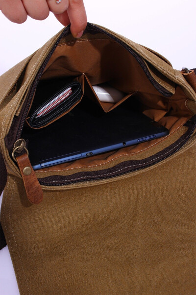 GK62 Canvas Messenger Bag Multi-Compartment University Daily Bag Macbook Tablet Bag Beige - 12