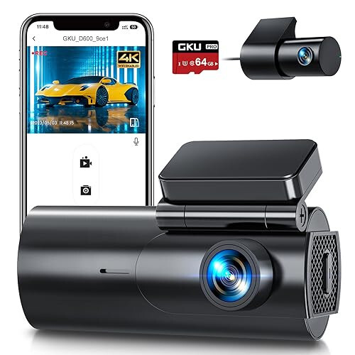 GKU Dash Cam Передняя и задняя камера, 4K/2.5K Полные Dash Cam для автомобилей с 64 ГБ SD-картой, Wi-Fi и управлением приложением, ночным видением, режимом парковки, G-сенсором, циклической записью, WDR, 170° широким углом (D600) - 1