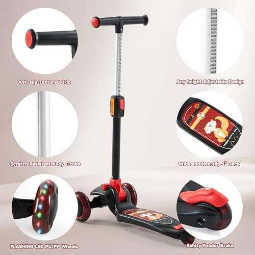 GLAMUP Çocuklar İçin 3 Tekerlekli Işıklı Scooter, Yükseklik Ayarlanabilir Direksiyonlu, Eğilerek Yönetilen ve Kolay Katlanan Mekanizmalı, 3-14 Yaş Arası Erkek ve Kız Çocuklar İçin - 2