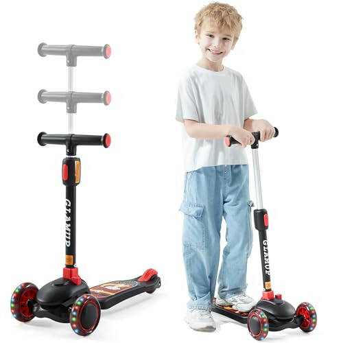 GLAMUP Kids Kick Scooter 3 Wheels Light-Up, Kids Scooter Height Adjustable Handlebar, Lean-to-Steer System & Easy-Folding Mechanism, Ages 3-14 Boys and Girls - 4