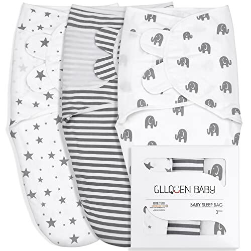 GLLQUEN BABY Swaddle Blankets for Baby Boy Girl, 3-6 Months, Gray Elephant Star & Stripe, 3 Pack Wrap Set, Newborn Adjustable Swaddles Sleep Sack,(Medium/Large) - 31