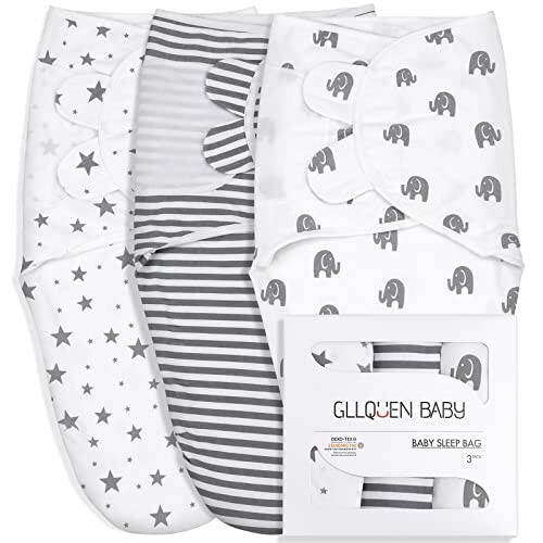 GLLQUEN BABY Swaddle Blankets for Baby Boy Girl, 3-6 Months, Gray Elephant Star & Stripe, 3 Pack Wrap Set, Newborn Adjustable Swaddles Sleep Sack,(Medium/Large) - 25