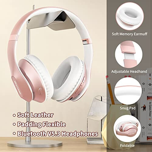 Glynzak Wireless Bluetooth Headphones Over Ear 65H Playtime HiFi Stereo Headset with Microphone and 6EQ Modes Foldable Bluetooth V5.3 Headphones for Travel Smartphone Computer Laptop Rose Gold - 9