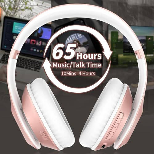 Glynzak Wireless Bluetooth Headphones Over Ear 65H Playtime HiFi Stereo Headset with Microphone and 6EQ Modes Foldable Bluetooth V5.3 Headphones for Travel Smartphone Computer Laptop Rose Gold - 3