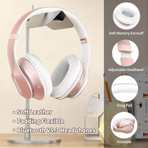 Glynzak Wireless Bluetooth Headphones Over Ear 65H Playtime HiFi Stereo Headset with Microphone and 6EQ Modes Foldable Bluetooth V5.3 Headphones for Travel Smartphone Computer Laptop Rose Gold - 4