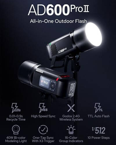 Godox AD600PRO II AD600PRO-II 600W Flaş - Profesyonel Bowens Montajı, Yüksek Hızlı Senkronizasyon, X3 Tetikleyicisiyle Tek Dokunuşlu Senkronizasyon - 40W İki Renkli Modelleme Işığı - 2