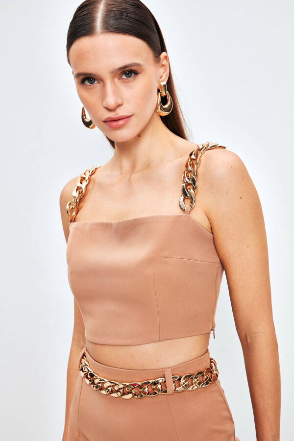 Gold Chain Strap Crop Blouse - CAMEL - 1