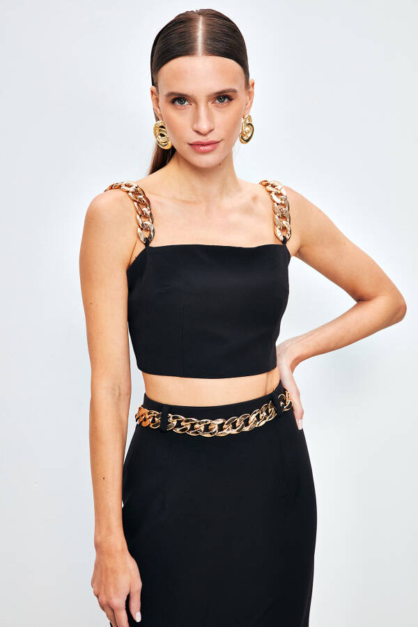 Gold Chain Strappy Crop Top - BLACK - 8