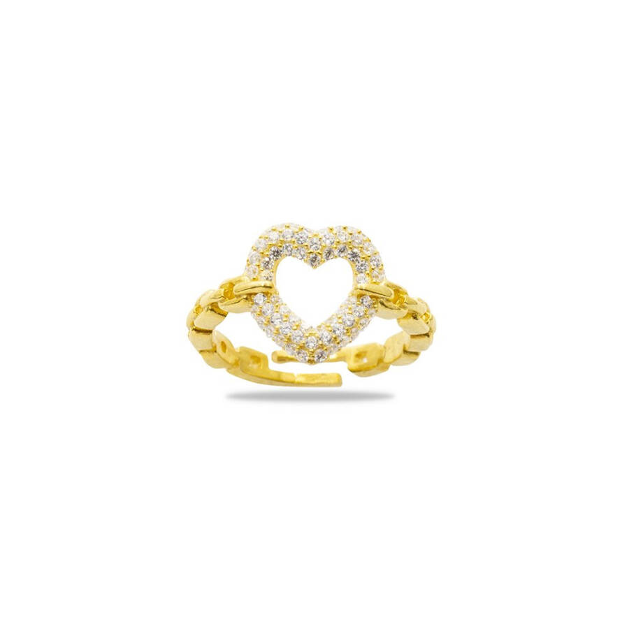 Gold Color Heart Design Free Size 925 Sterling Silver Women's Ring with White Zircon Stone - 1