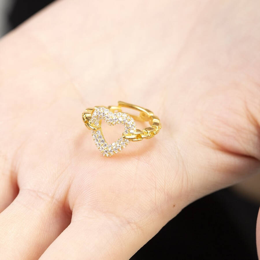 Gold Color Heart Design Free Size 925 Sterling Silver Women's Ring with White Zircon Stone - 2