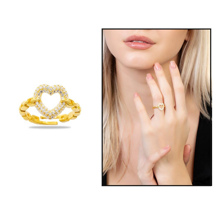 Gold Color Heart Design Free Size 925 Sterling Silver Women's Ring with White Zircon Stone - 6