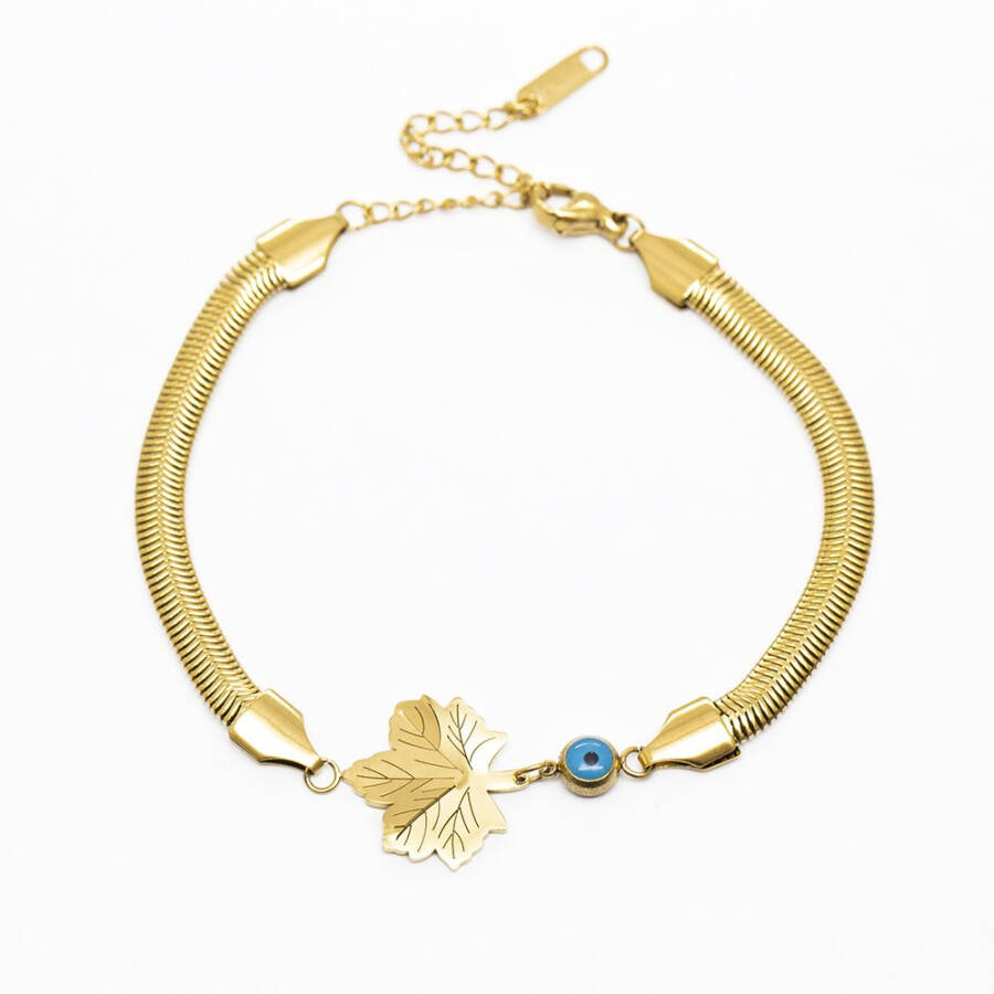 Gold Color Non-Tarnishing Metal Snake Chain with Plane Tree Leaf Design Evil Eye Bead Detailed Women's Bracelet - 6