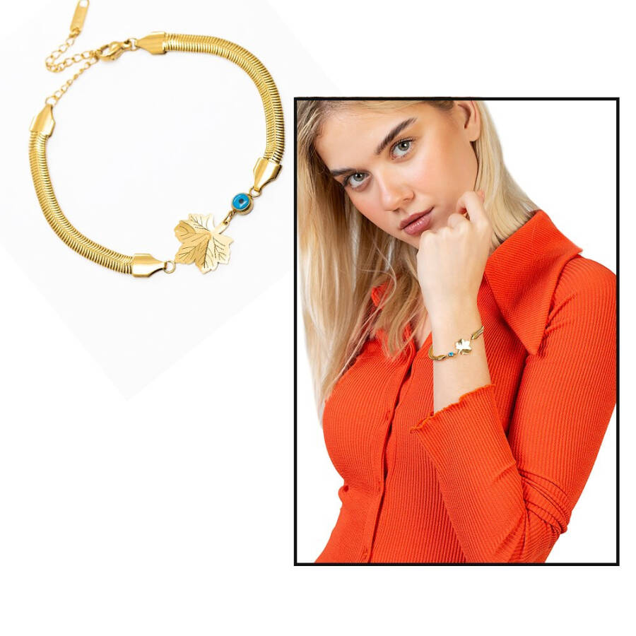 Gold Color Non-Tarnishing Metal Snake Chain with Plane Tree Leaf Design Evil Eye Bead Detailed Women's Bracelet - 10