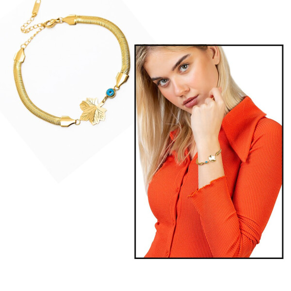 Gold Color Non-Tarnishing Metal Snake Chain with Plane Tree Leaf Design Evil Eye Bead Detailed Women's Bracelet - 5