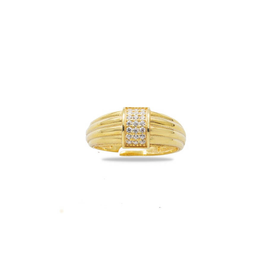 Gold-Colored Free Size 925 Sterling Silver Zircon Stone Rectangular Detail Women's Ring - 2