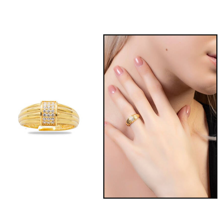 Gold-Colored Free Size 925 Sterling Silver Zircon Stone Rectangular Detail Women's Ring - 6