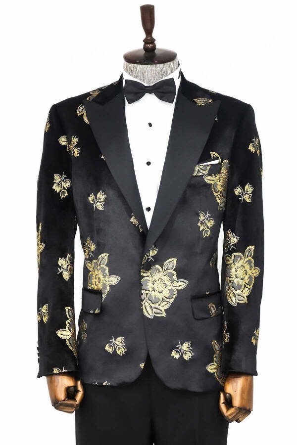 Gold Floral Pattern Shiny Black Men's Tuxedo Jacket - Wessi - 1