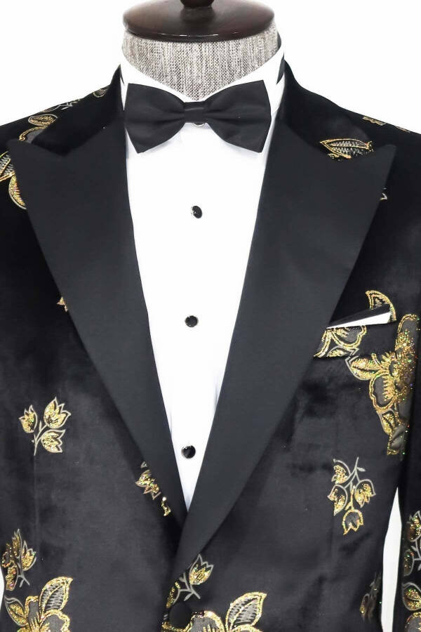 Gold Floral Pattern Shiny Black Men's Tuxedo Jacket - Wessi - 2