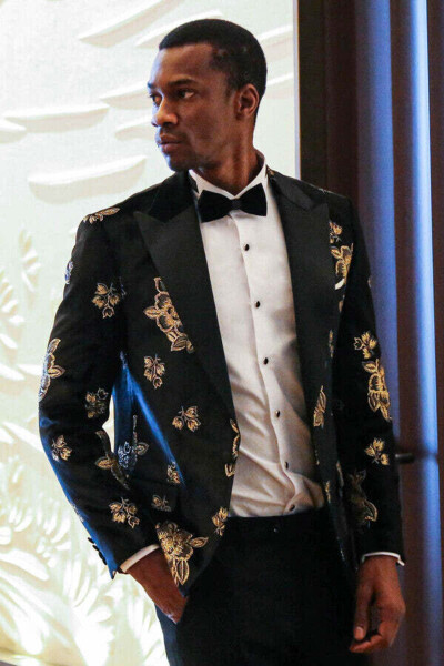 Gold Floral Pattern Shiny Black Men's Tuxedo Jacket - Wessi - 3